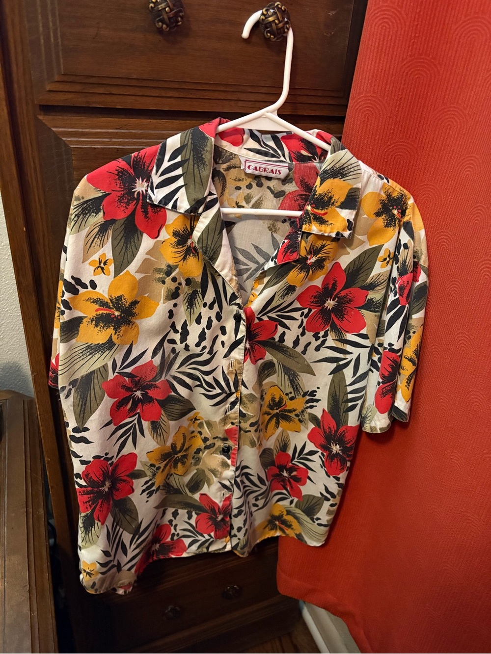 Cabrais Tropical Floral Button-Up Shirt in Red & Yellow